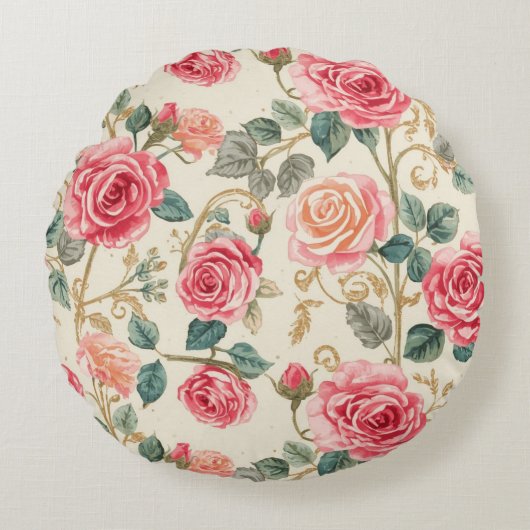 Pink Rose Flowers Pattern, Beautiful, Elegant ラウンドクッション (正面)