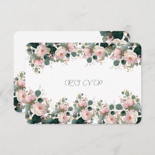 Pink Rose Garden Eucalyptus Wedding 出欠カード (正面/裏面)