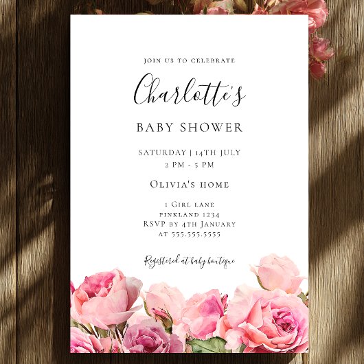Pink Rose Girl Baby Shower Invitation 招待状