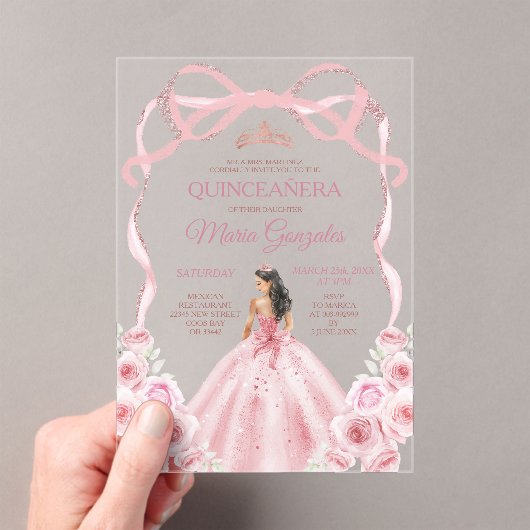 Pink Rose Gold Bow Crown Princess Girl Quinceañera アクリル招待状 (インサイチュ (ポータブル))