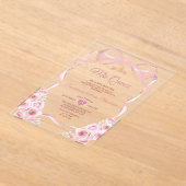 Pink Rose Gold Crown Floral Bow Ribbon Mis Quince アクリル招待状 (レイダウン)