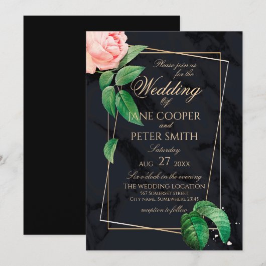 Pink rose & gold frame floral Wedding Invitation 招待状 (正面/裏面)