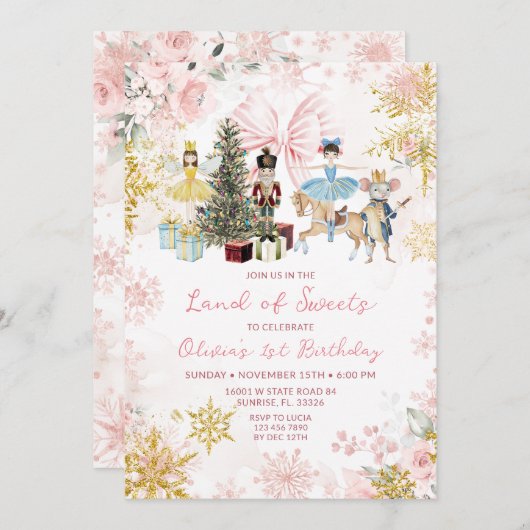 Pink Rose Gold Nutcracker Christmas Bow Birthday 招待状 (正面/裏面)