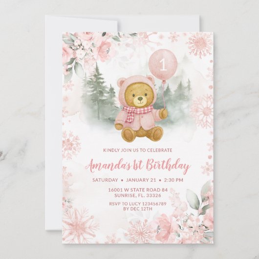 Pink Rose Gold Winter Bear Balloon 1st Birthday 招待状 (正面)