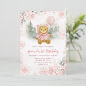 Pink Rose Gold Winter Bear Balloon 1st Birthday 招待状 (スタンド正面)