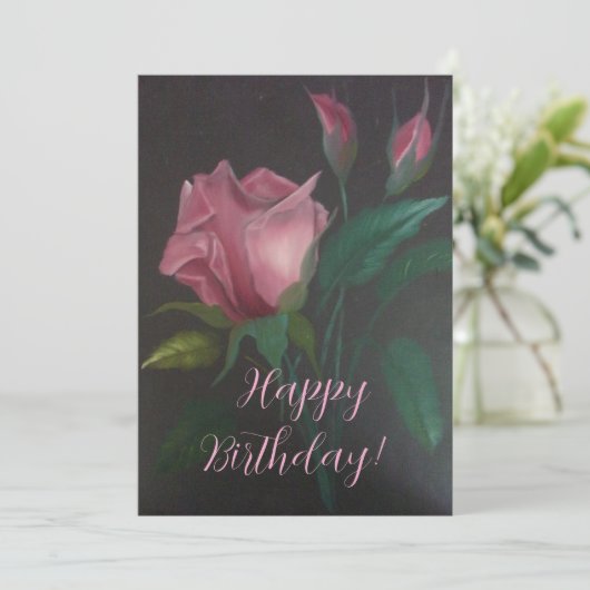 Pink Rose n Rosebuds Flat Greeting Card (スタンド正面)