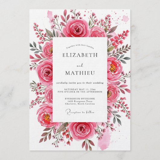 Pink Rose Painterly Romance Wedding 招待状 (正面)