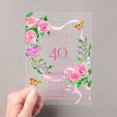 Pink Rose Ribbon 40th Birthday Invitation アクリル招待状 (インサイチュ (ポータブル))