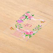 Pink Rose Ribbon 40th Birthday Invitation アクリル招待状 (レイダウン)