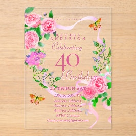 Pink Rose Ribbon 40th Birthday Invitation アクリル招待状