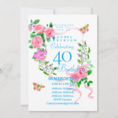 Pink Rose Ribbon 40th  Birthday Invitation 招待状 (正面)