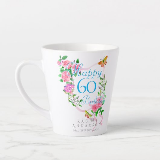 Pink Rose Ribbon 60th  Birthday カフェラテマグ (左)