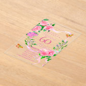 Pink Rose Ribbon 60th Birthday Invitation アクリル招待状 (レイダウン)
