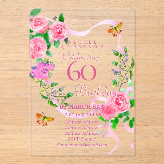 Pink Rose Ribbon 60th Birthday Invitation アクリル招待状 (正面)
