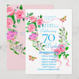 Pink Rose Ribbon 70th  Birthday Invitation 招待状