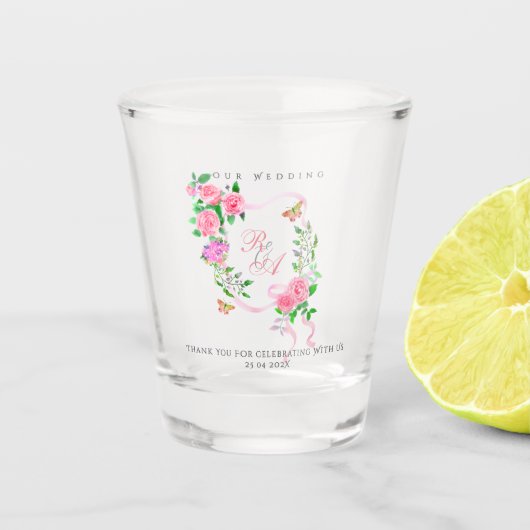 Pink Rose Ribbon Monogram Wedding  ショットグラス (正面)
