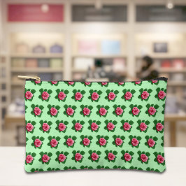 Pink Rose Seamless Pattern on Light Green Pouch アクセサリーポーチ