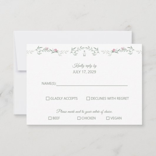 Pink Rose Vine and Monogram RSVP Response Card (正面)
