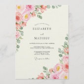 Pink Rose Watercolor Bloom Wedding 招待状 (正面)