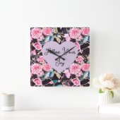 Pink Rose Watercolor Flowers Floral Girls Joy スクエア壁時計 (ホーム)