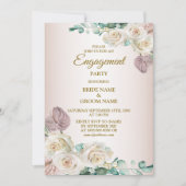 Pink Rose Watercolor Greenery Golden Engagement 招待状 (正面)