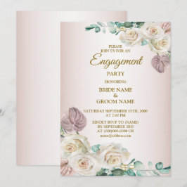 Pink Rose Watercolor Greenery Golden Engagement 招待状