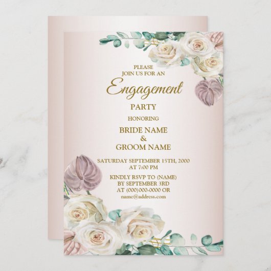 Pink Rose Watercolor Greenery Golden Engagement 招待状 (正面/裏面)