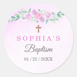 Pink Rose Watercolor Ombre Cross Baptism ラウンドシール