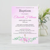 Pink Rose Watercolor Ombre Cross Baptism 招待状 (スタンド正面)