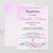 Pink Rose Watercolor Ombre Cross Baptism 招待状 (正面/裏面)