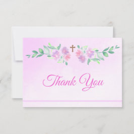 Pink Rose Watercolor Ombre Cross Baptism Baby Girl サンキューカード