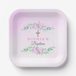 Pink Rose Watercolor Ombre Cross Baptism Custom ペーパープレート