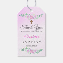 Pink Rose Watercolor Ombre Cross Baptism Favor ギフトタグ