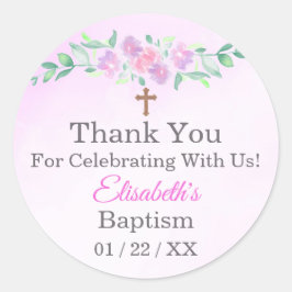 Pink Rose Watercolor Ombre Cross Baptism Favor ラウンドシール