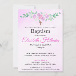 Pink Rose Watercolor Ombre Cross Baptism Floral 招待状