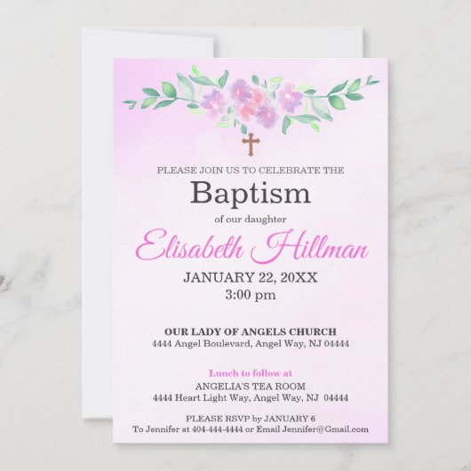 Pink Rose Watercolor Ombre Cross Baptism Floral 招待状 (正面)