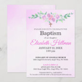 Pink Rose Watercolor Ombre Cross Baptism Floral 招待状 (正面/裏面)