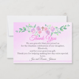Pink Rose Watercolor Ombre Cross Baptism Girl Flat サンキューカード