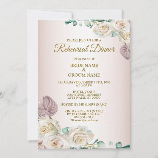 Pink Rose Watercolor Wedding Rehearsal Dinner 招待状 (正面)