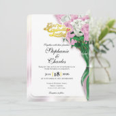 Pink Rose Wedding Invitation - Gold Lettering 1 招待状 (スタンド正面)