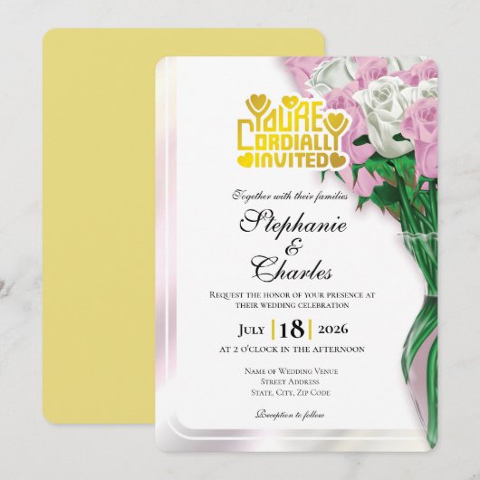 Pink Rose Wedding Invitation - Gold Lettering 4 招待状 (正面/裏面)