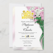 Pink Rose Wedding Invitation - Gold Lettering 4 招待状 (正面)