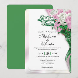 Pink Rose Wedding Invitation - Green Lettering 1 招待状