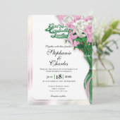 Pink Rose Wedding Invitation - Green Lettering 1 招待状 (スタンド正面)