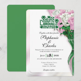 Pink Rose Wedding Invitation - Green Lettering 3 招待状