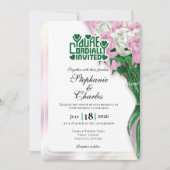 Pink Rose Wedding Invitation - Green Lettering 4 招待状 (正面)