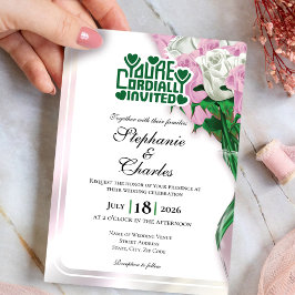 Pink Rose Wedding Invitation - Green Lettering 4 招待状