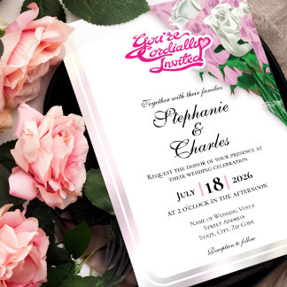 Pink Rose Wedding Invitation - Pink Lettering 2 招待状