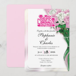 Pink Rose Wedding Invitation - Pink Lettering 3 招待状