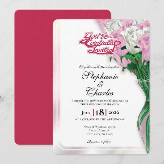 Pink Rose Wedding Invitation - Red Lettering 1 招待状 (正面/裏面)